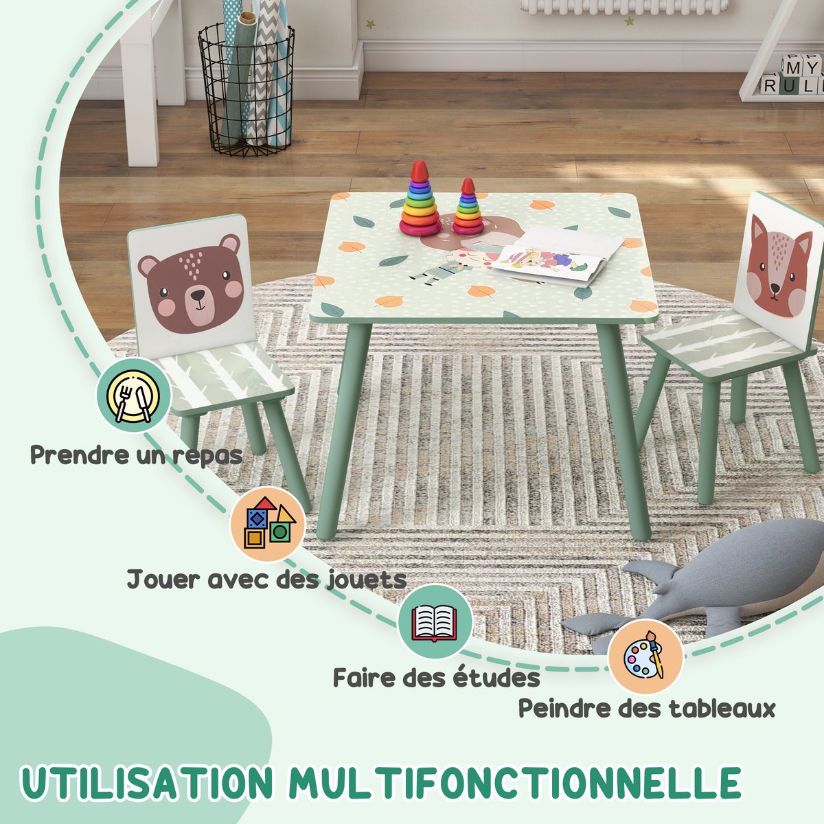 Ensemble table et chaises pour enfants Bois vert avec motifs animaux, ZONEKIZ