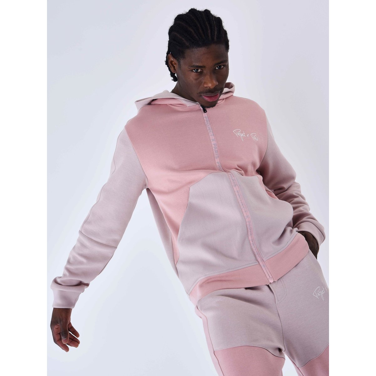 Sweat à Capuche zippé two tone rose poudré, PROJECT X