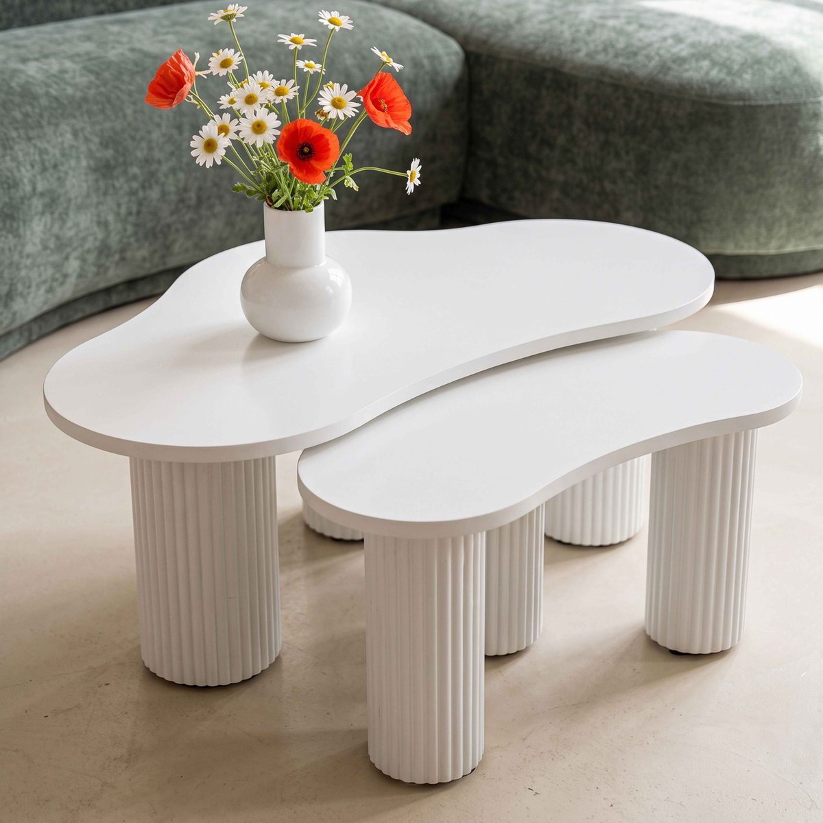 Tables basses gigognes design forme organique mélaminé, MAEVE blanc, OVIALA