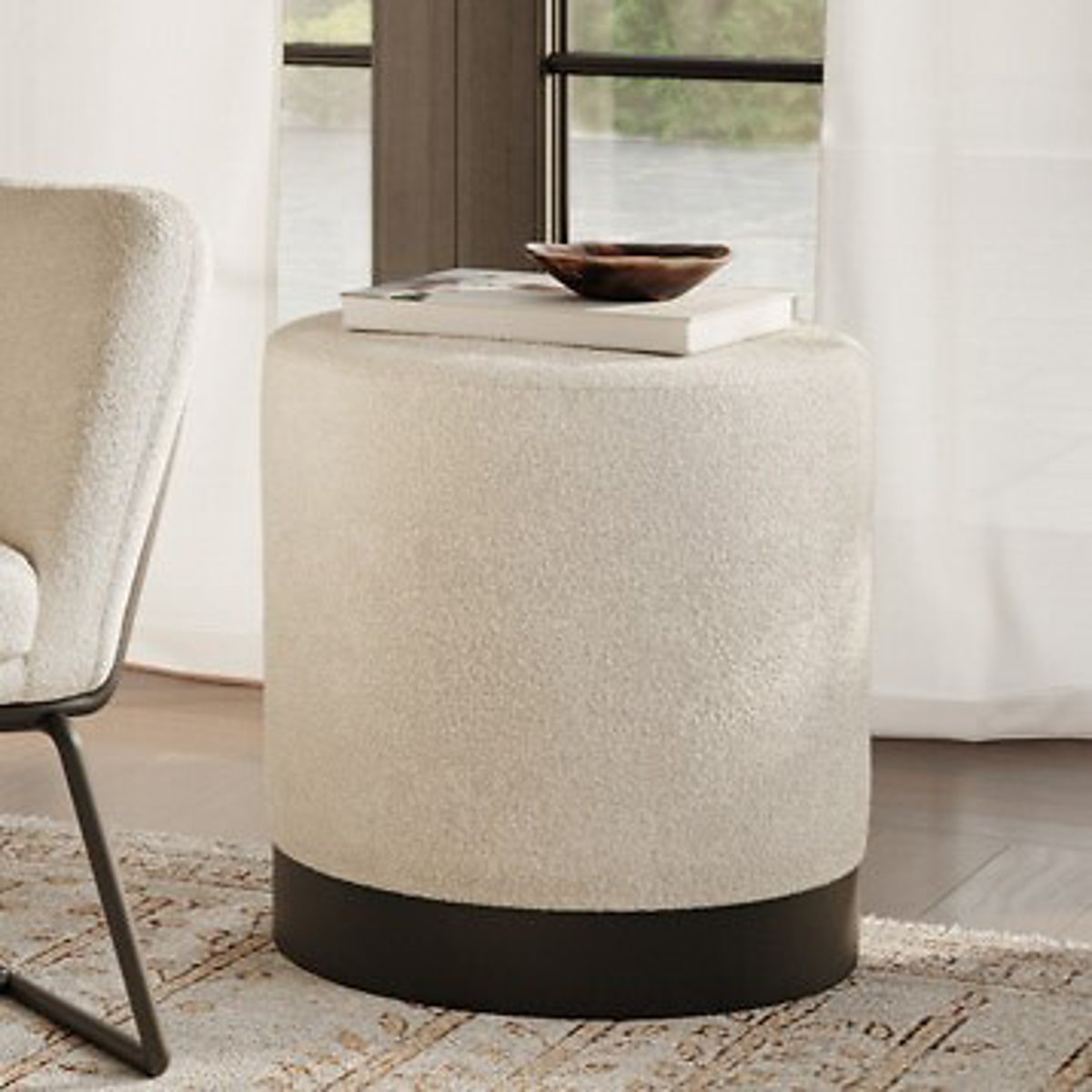 Large Teddy Bouclé Round Pouffe ivory, SO'HOME