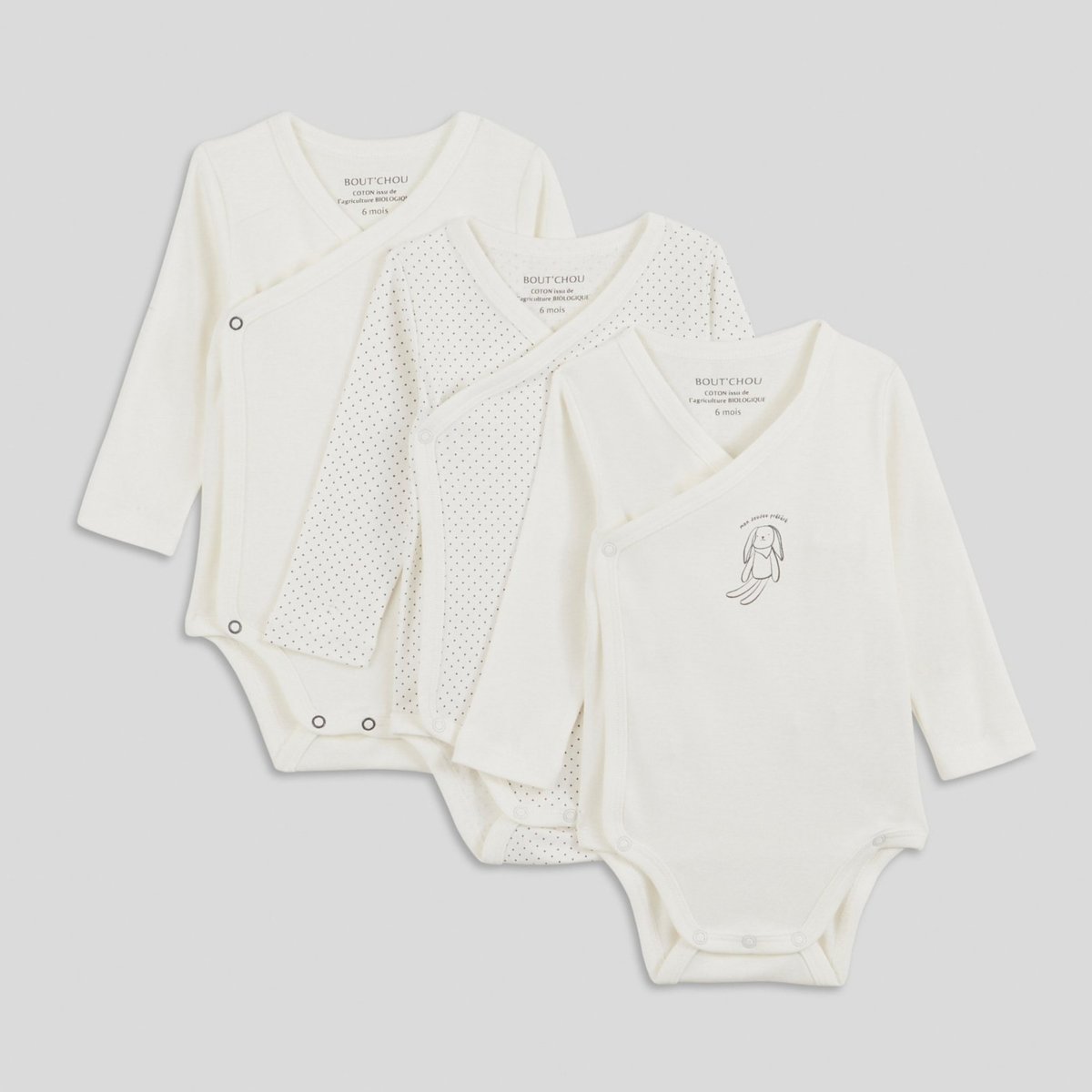 Lot de 3 bodies manches longues croisés en coton BIO, certifié GOTS et OEKO TEX blanc, BOUT'CHOU