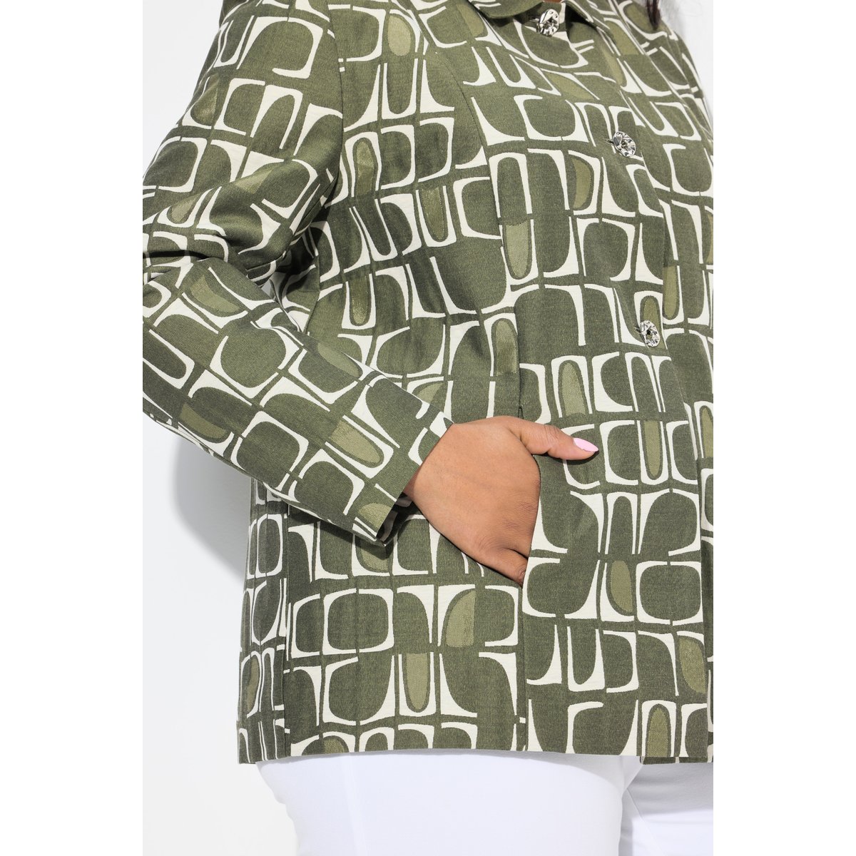 Veste, motif jacquard. Col chemise olive foncé, ULLA POPKEN