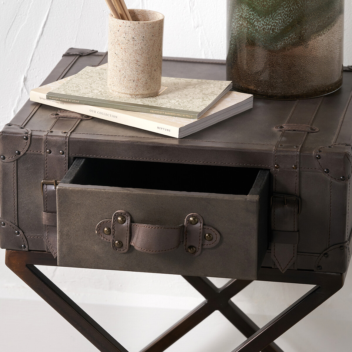 Armano Leather 1-Drawer Side Table charcoal grey, SO'HOME