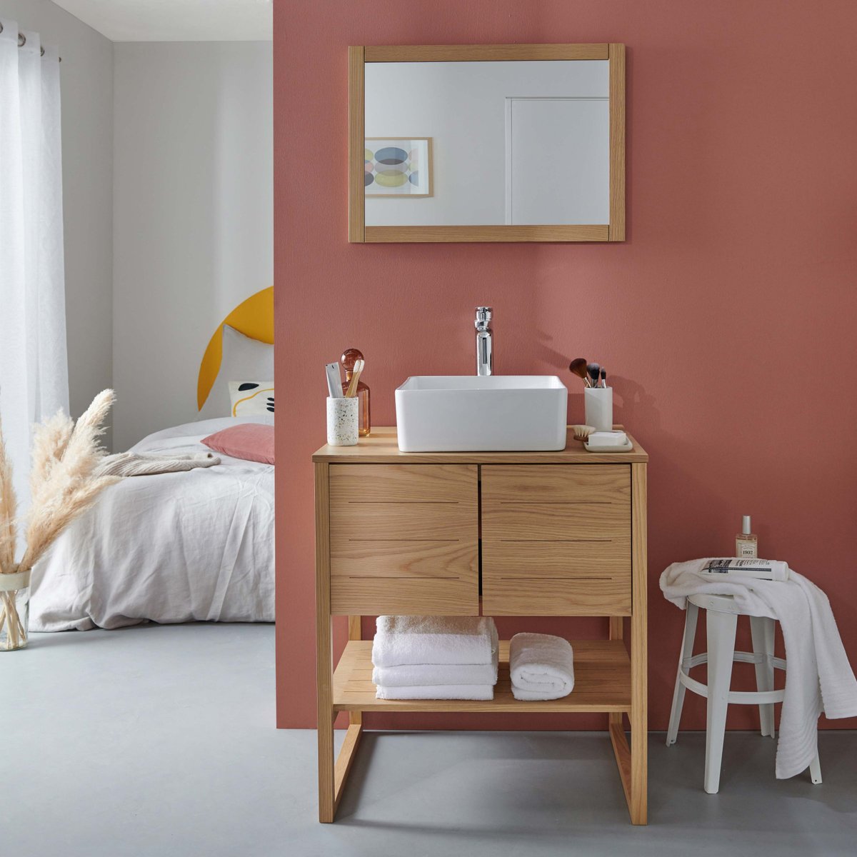 Meuble simple +vasque +miroir ATOLL bois clair, MOB IN