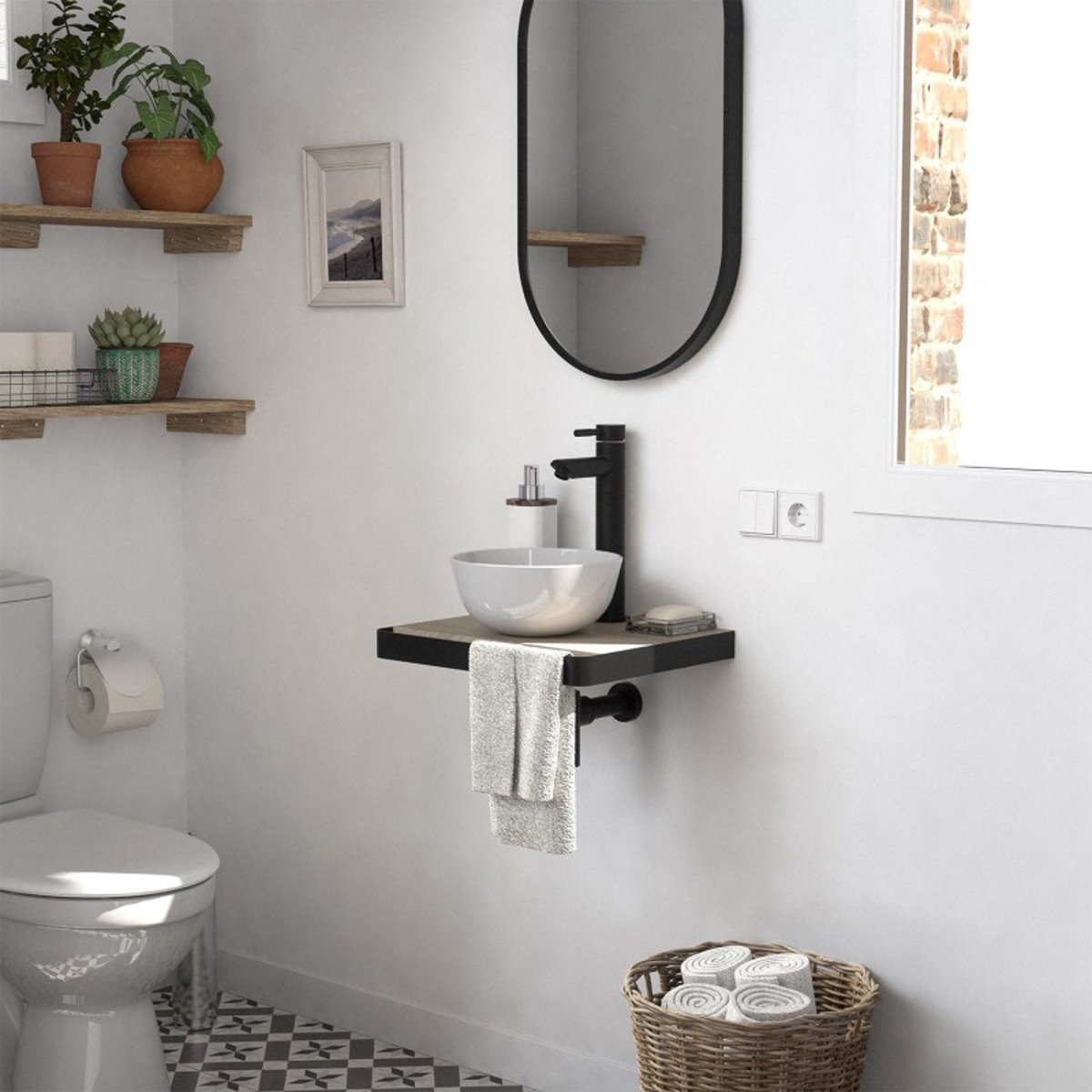 Lave-mains plan fin + vasque + miroir SOHO décor chêne, MOB IN