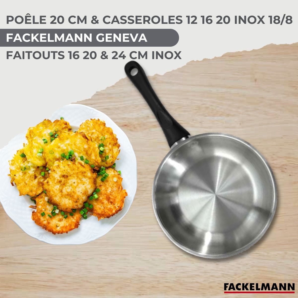 1 poêle 20, 3 faitouts 16/20/24, 3 casseroles 12/16/20 BRILLANT inox|noir, FACKELMANN