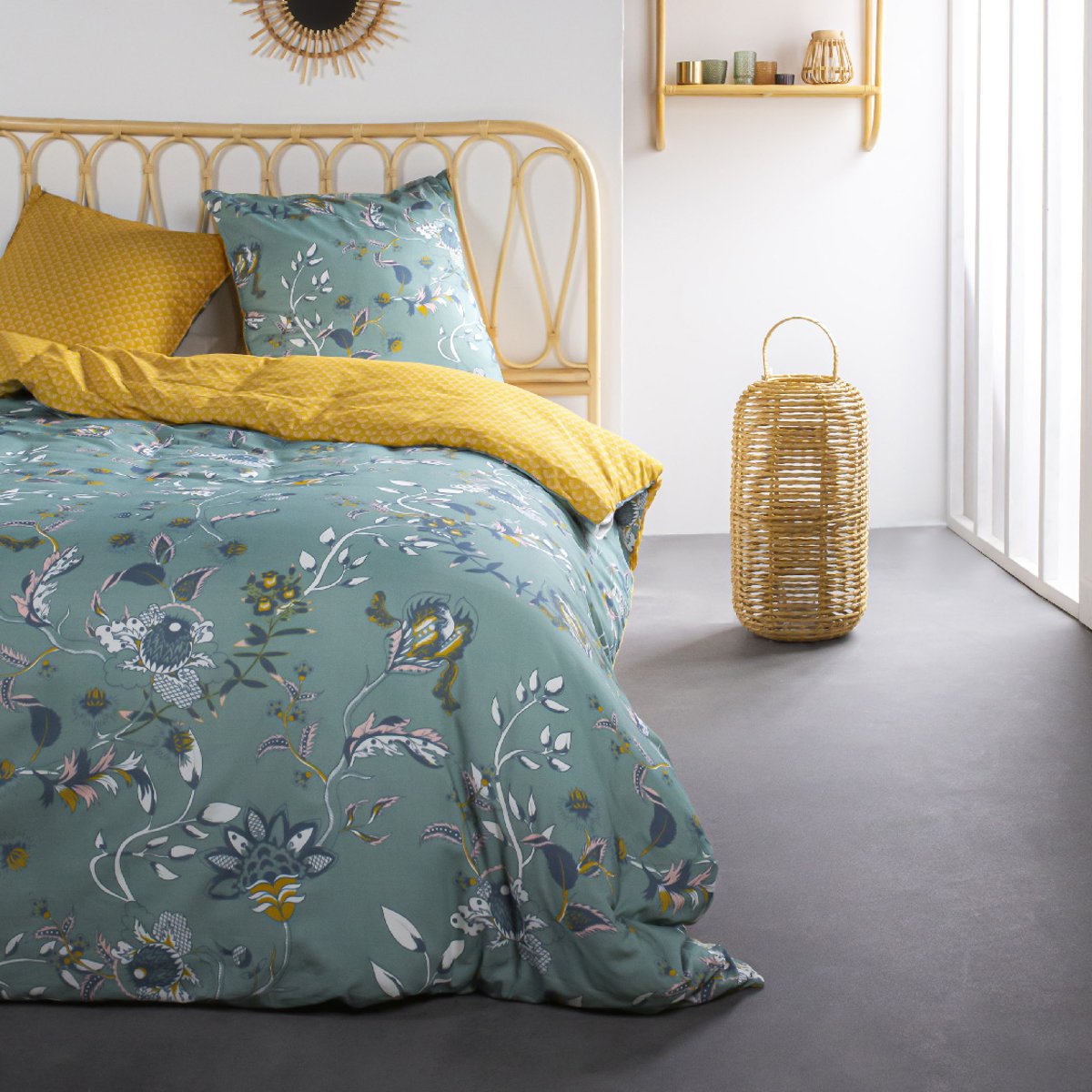 Parure de lit coton 2 personnes imprimé floral SUNSHINE bleu, TODAY