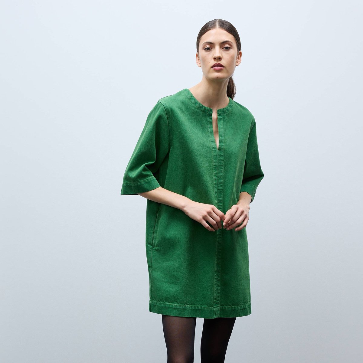 Robe courte unie manches courtes en coton bocage, MONOPRIX