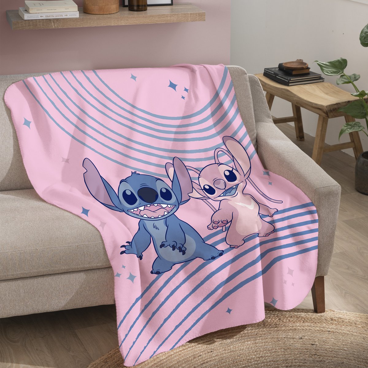 Plaid polaire imprimé, WAVY rose, DISNEY STITCH 