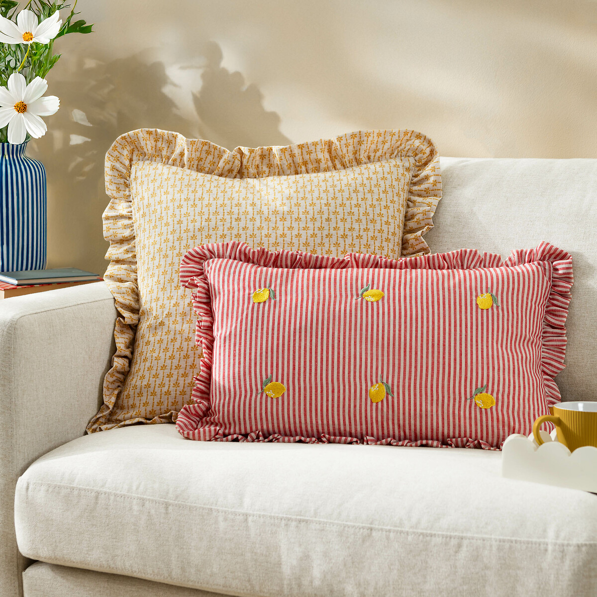 Les Fruites Striped Ruffle Feather Rich Cushion red, FURN.