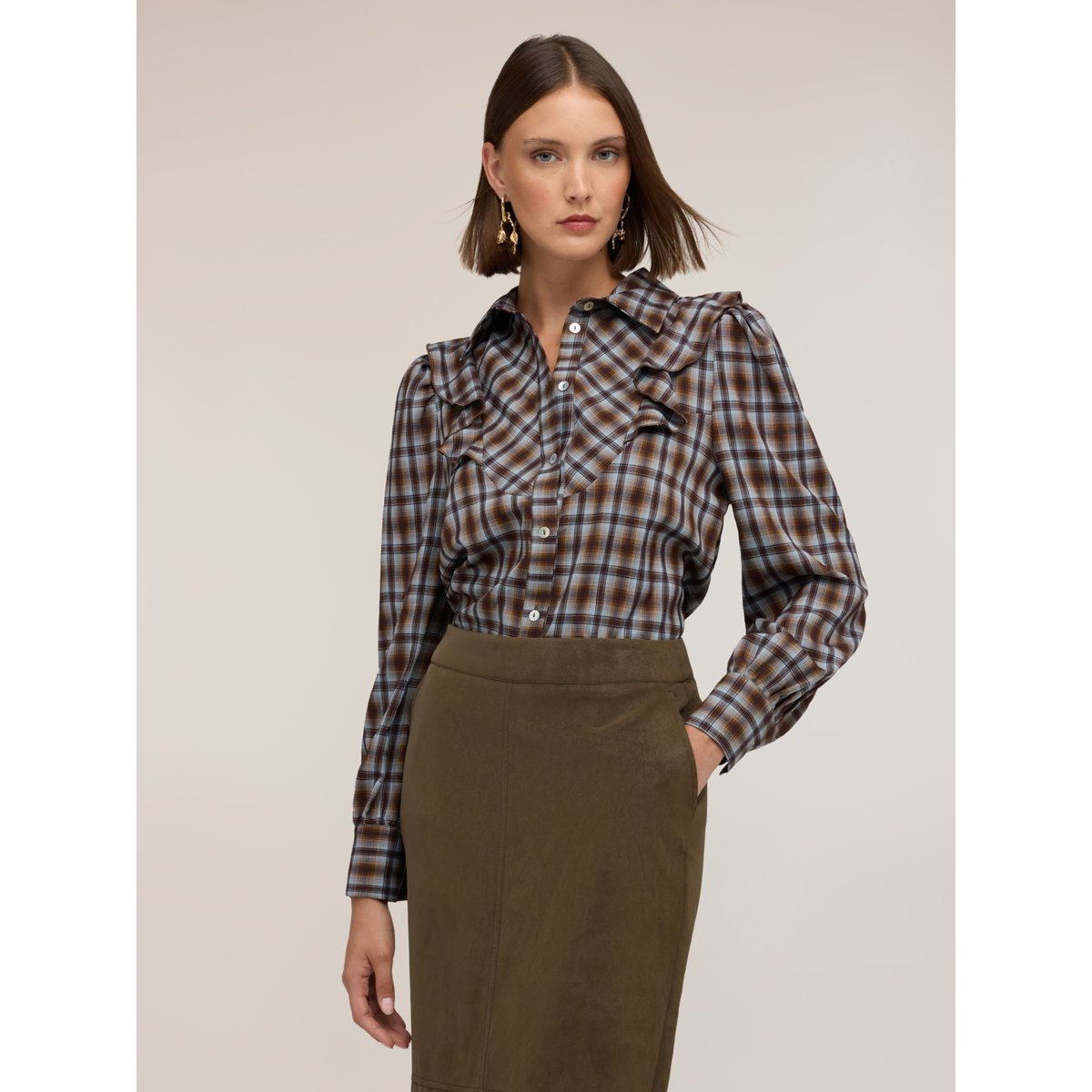 Chemise à motif check avec volants marron, MOTIVI