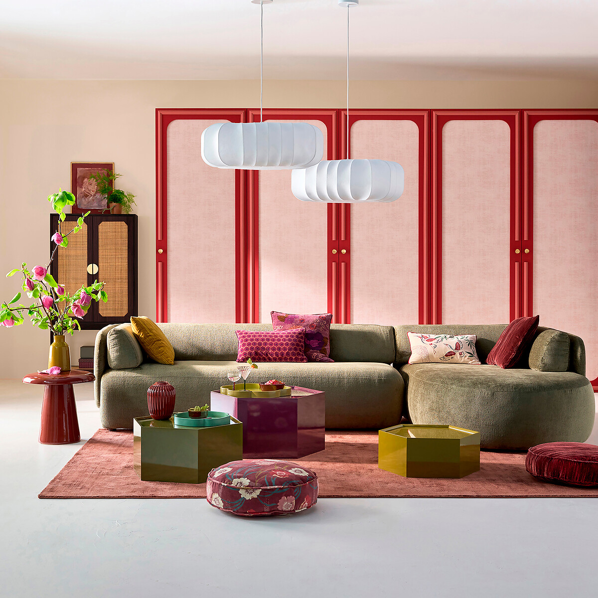 Ecksofa mit Ecke rechts Méridiano, dicker Samt khaki, LA REDOUTE INTERIEURS
