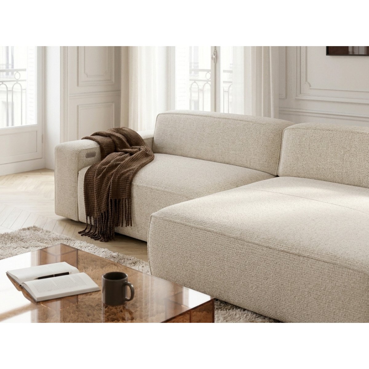 Canapé d'angle convertible 3 places en tissu chiné, ABEL beige, BOBOCHIC