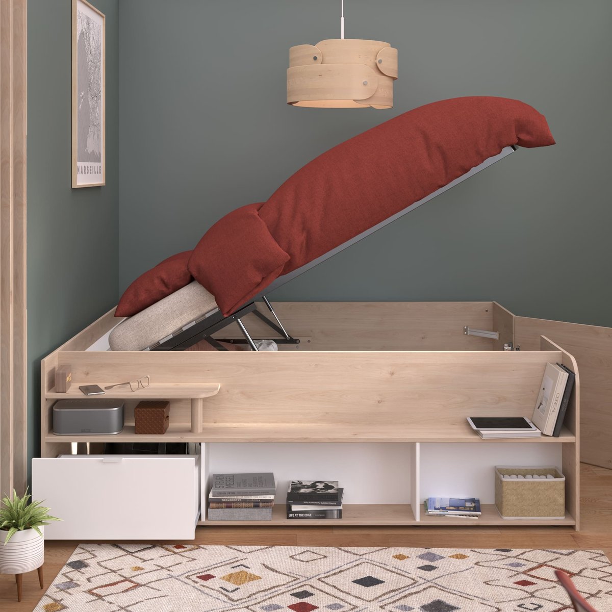 Lit coffre avec multiples rangements blanc, TERRE DE NUIT