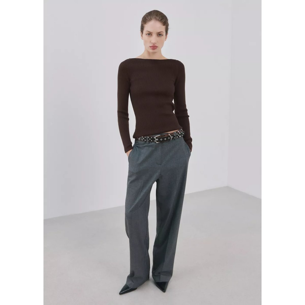 Pull maille col bateau chocolat, MANGO
