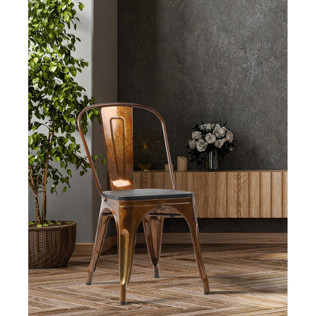 Lot de 4 chaises bistrot en bois et métal design vintage LIV doré, TOILINUX