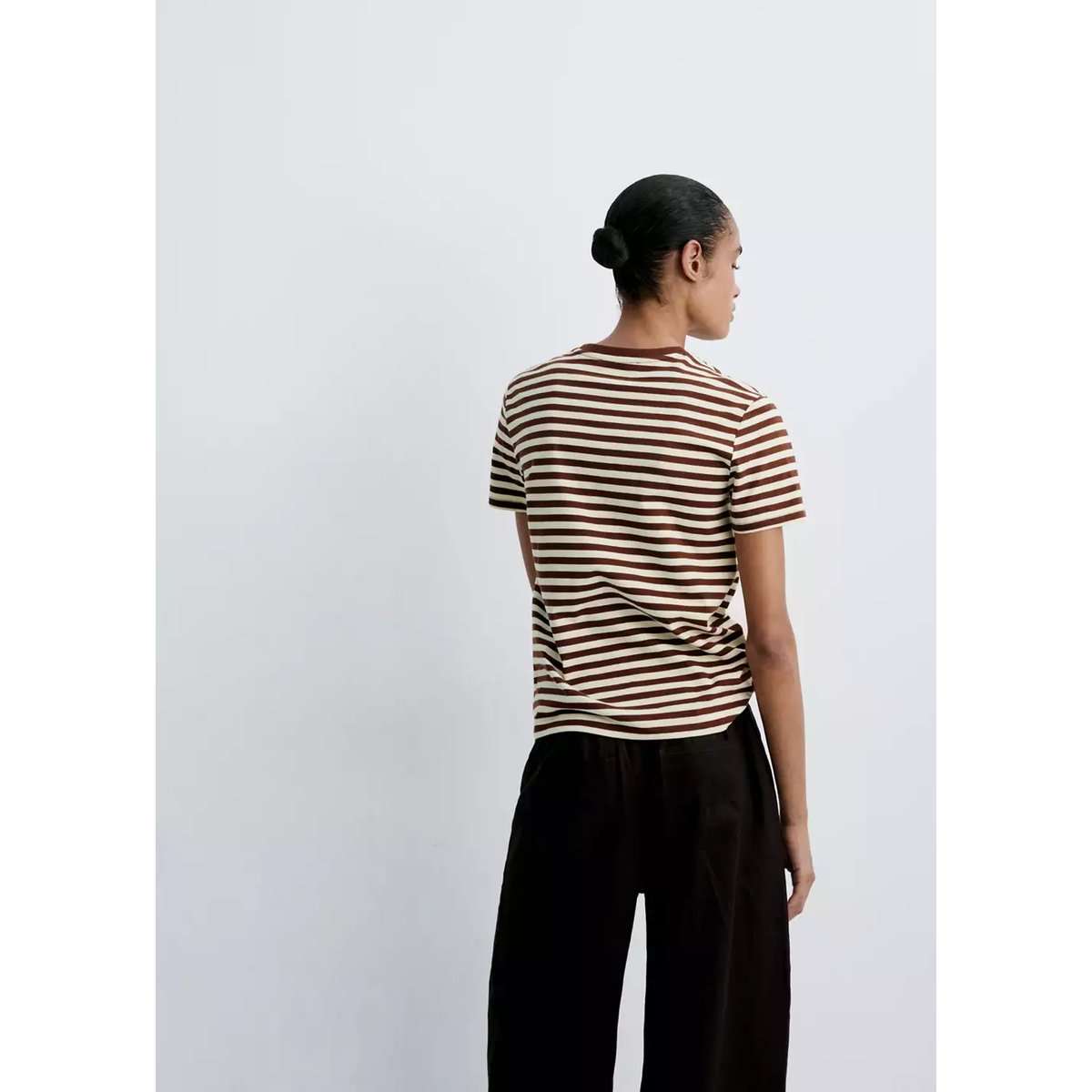 T-shirt coton à rayures marron, MANGO