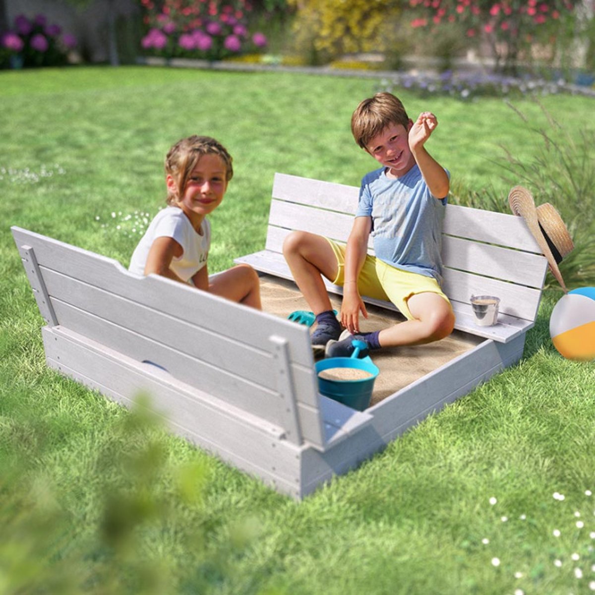 Bac à sable bois gris avec bancs pliables gris, SOULET