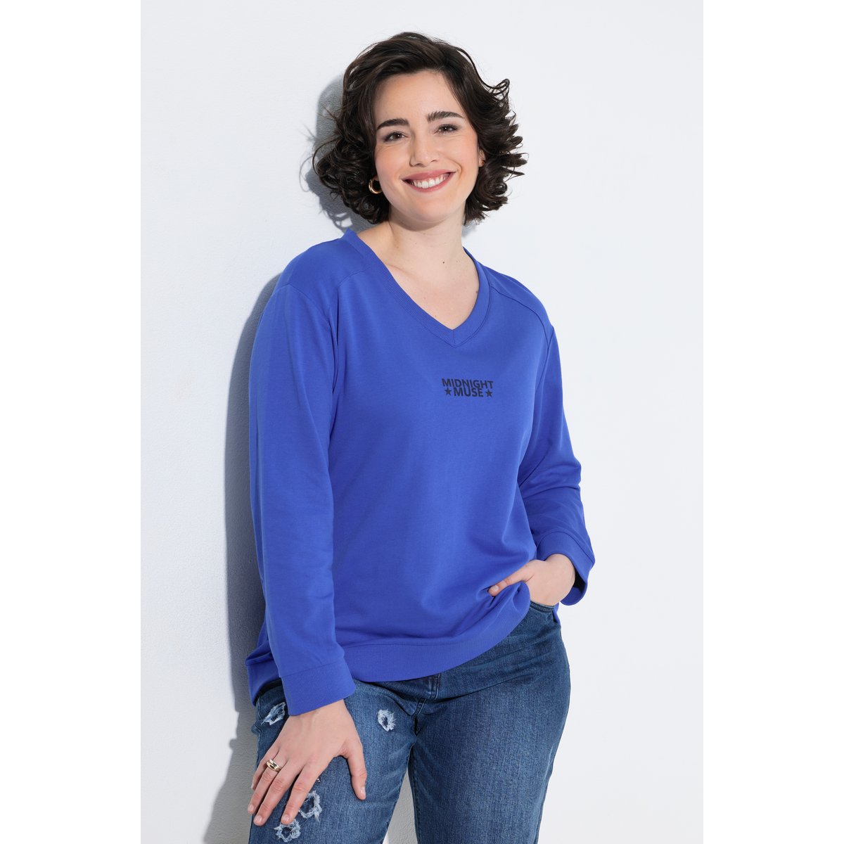 Sweat-shirt manches longues et col en V bleu paon, ULLA POPKEN
