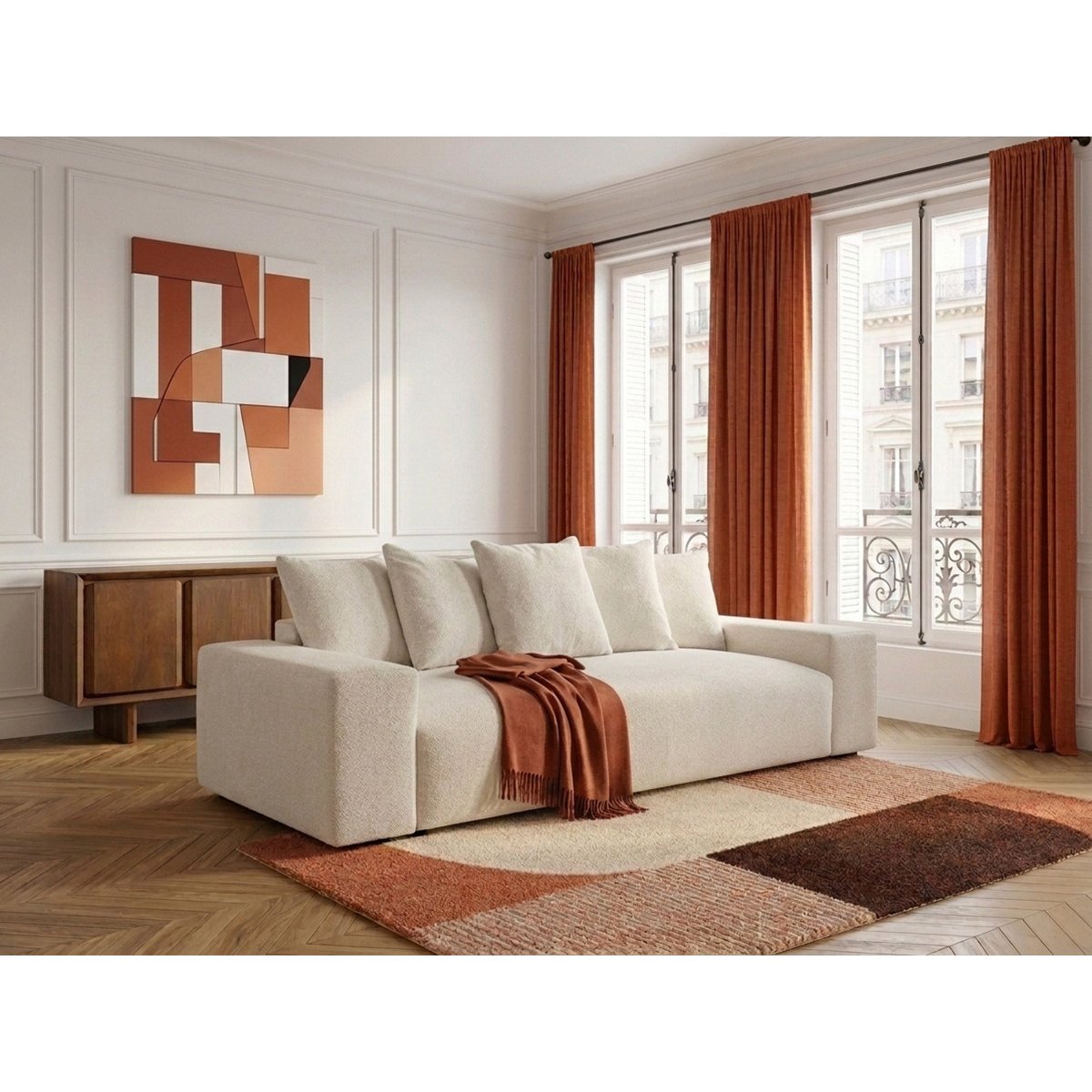 Canapé droit convertible 3 places en tissu chiné, VOLTAIRE blanc, BOBOCHIC