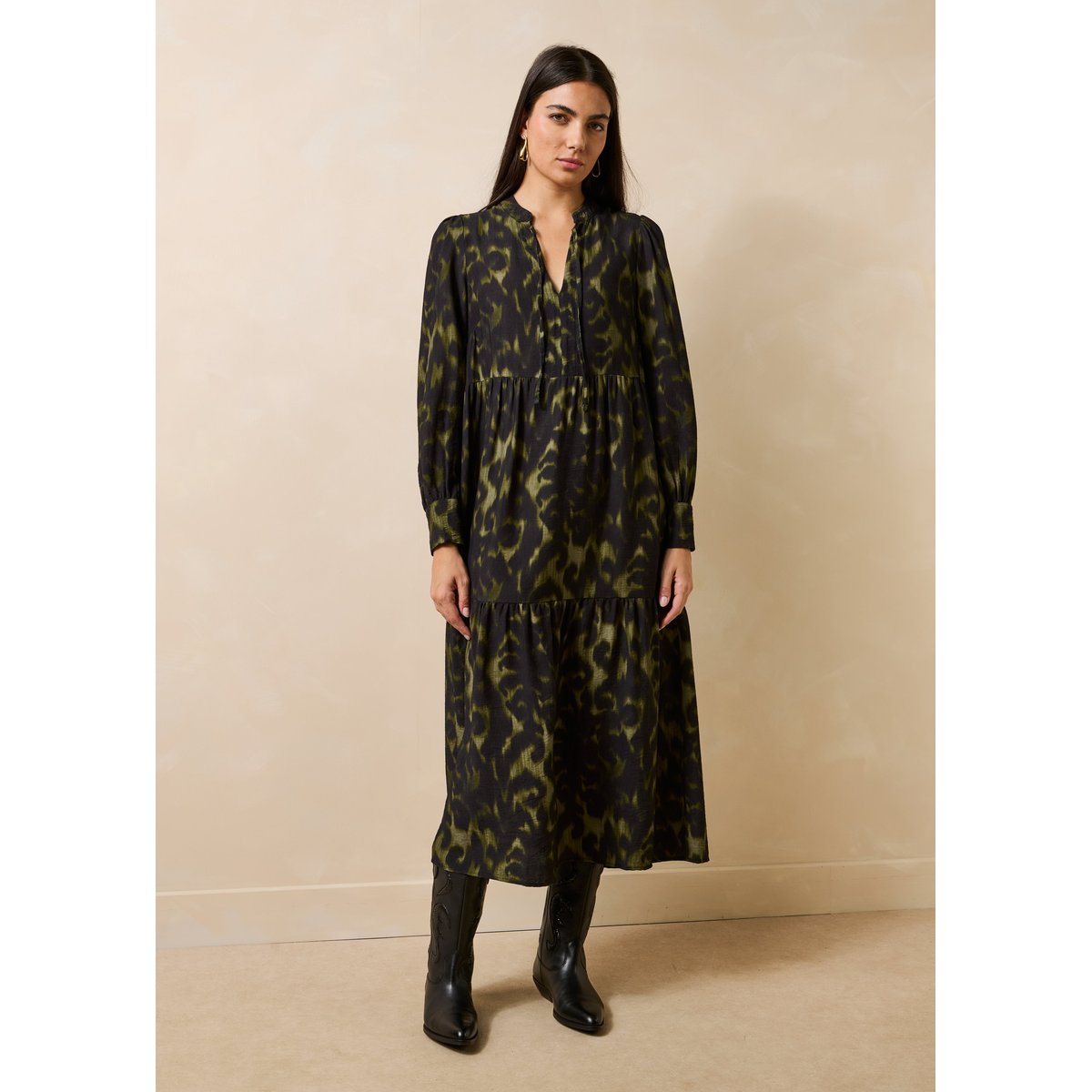 Robe longue ample manches longues imprimée kaki, LA FEE MARABOUTEE