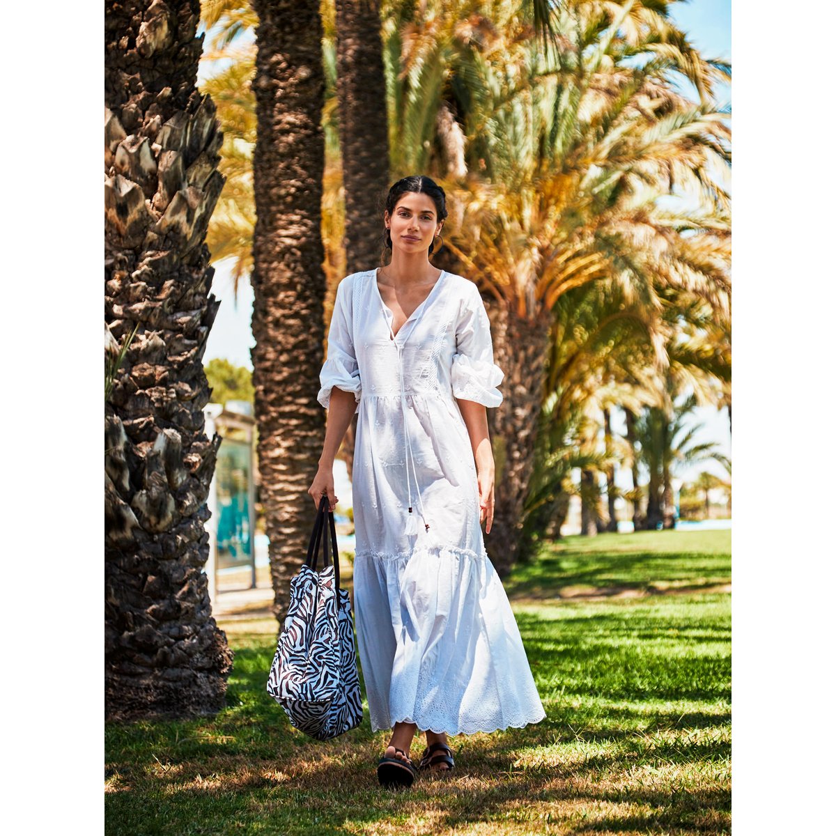 Robe estivale longue manches trois-quart Boho Chic blanc, SELMARK MARE
