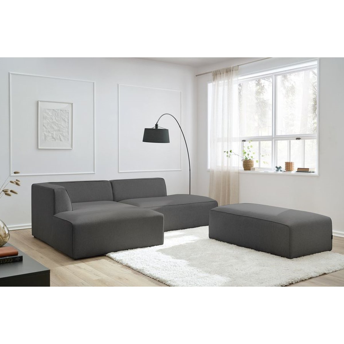Canapé modulable 5 places en tissu chiné avec pouf, MEGEVE gris foncé, BOBOCHIC