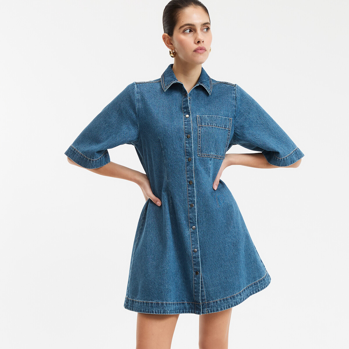 Robe évasée en denim, courte, manches courtes, pressionnée devant denim stone, LA REDOUTE COLLECTIONS