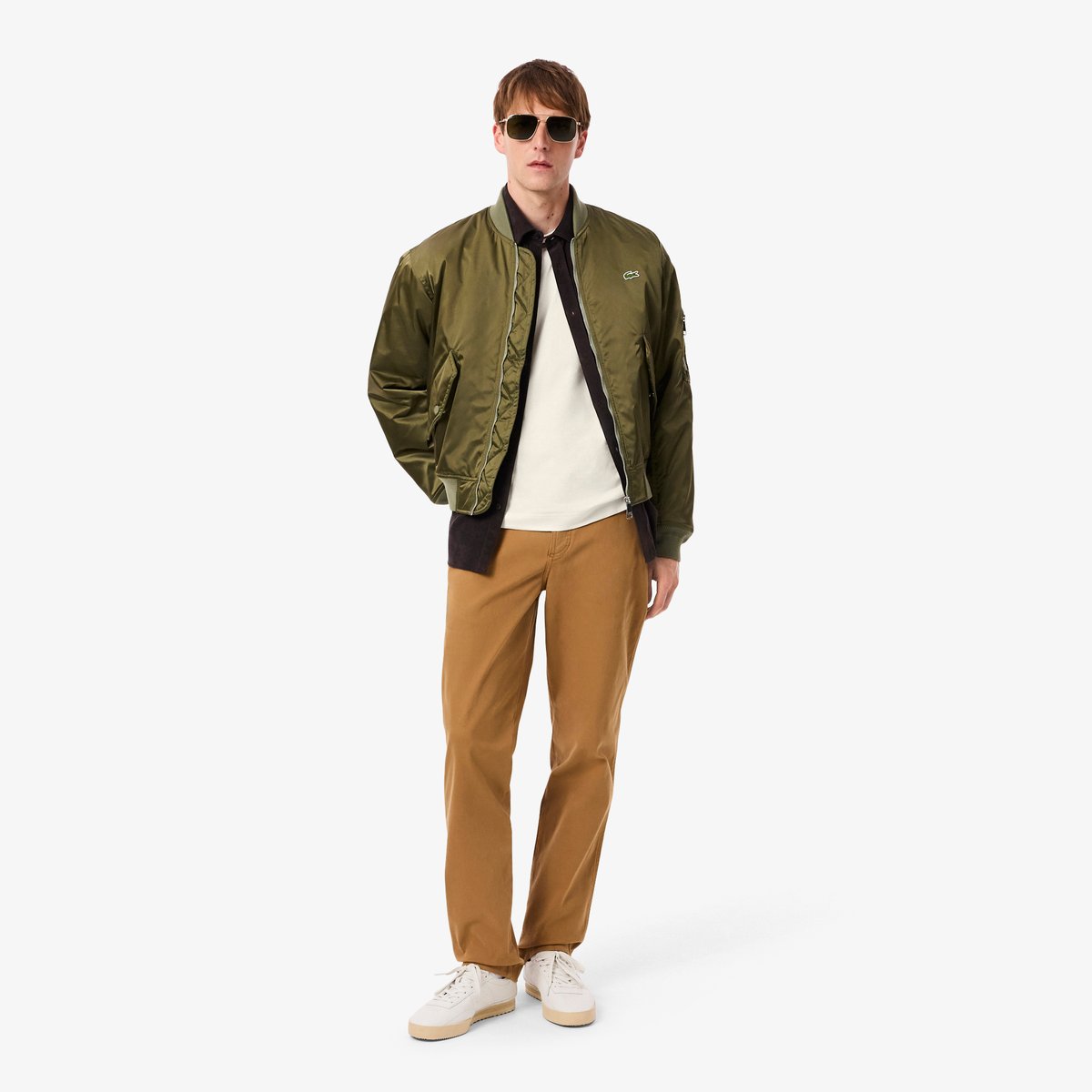 T-shirt fabriqué en France col rayé beige-xfj, LACOSTE