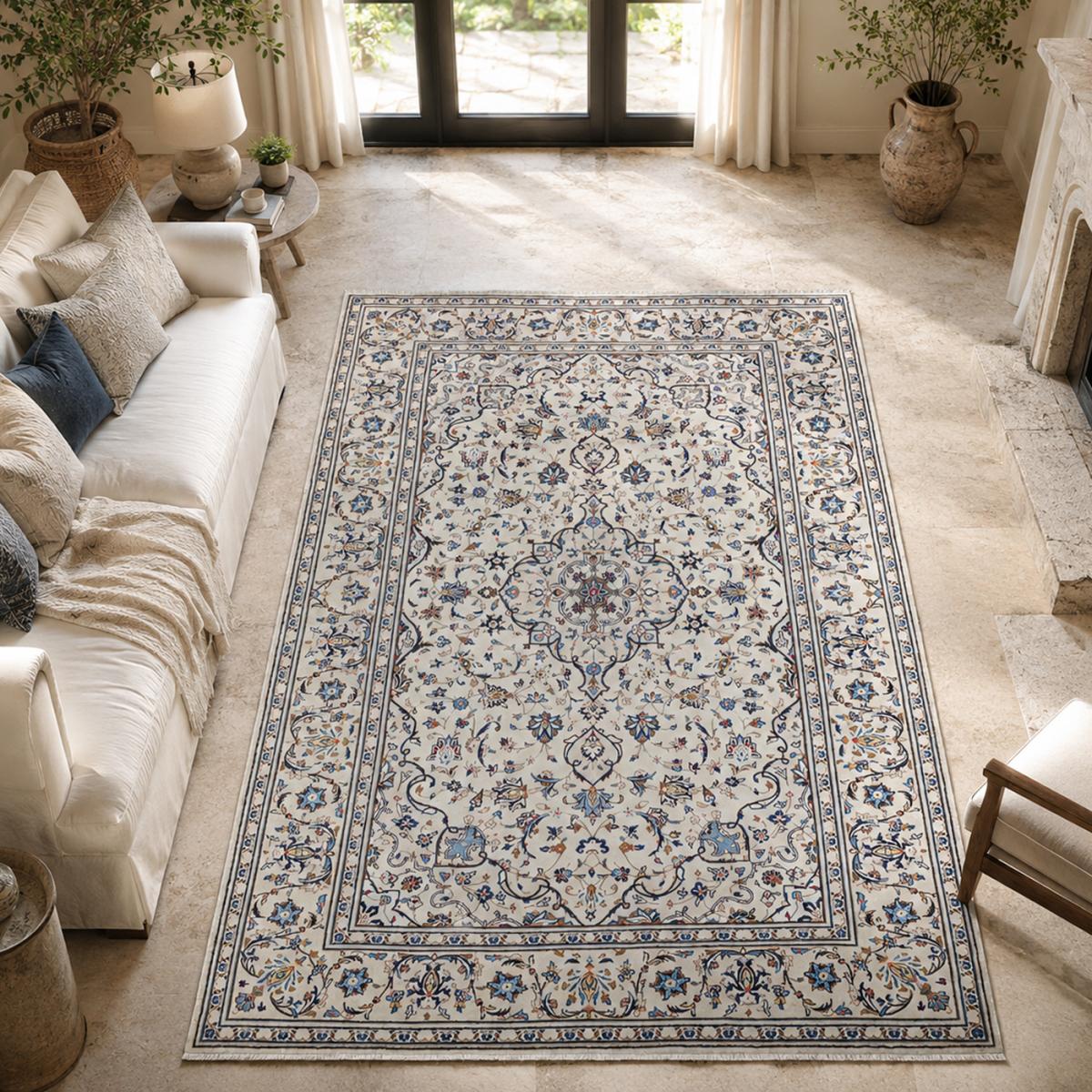 Tapis d'orient, motif oriental noué main en laine, KASHAN 2 crème, bleu, marron, UN AMOUR DE TAPIS