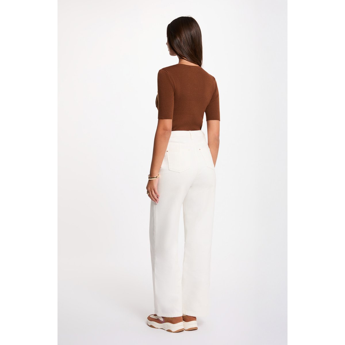 Pull col rond manches courtes marron chocolat, MORGAN