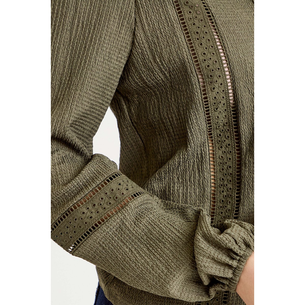 Blouse broderie col V manches longues vert kaki, CACHE CACHE