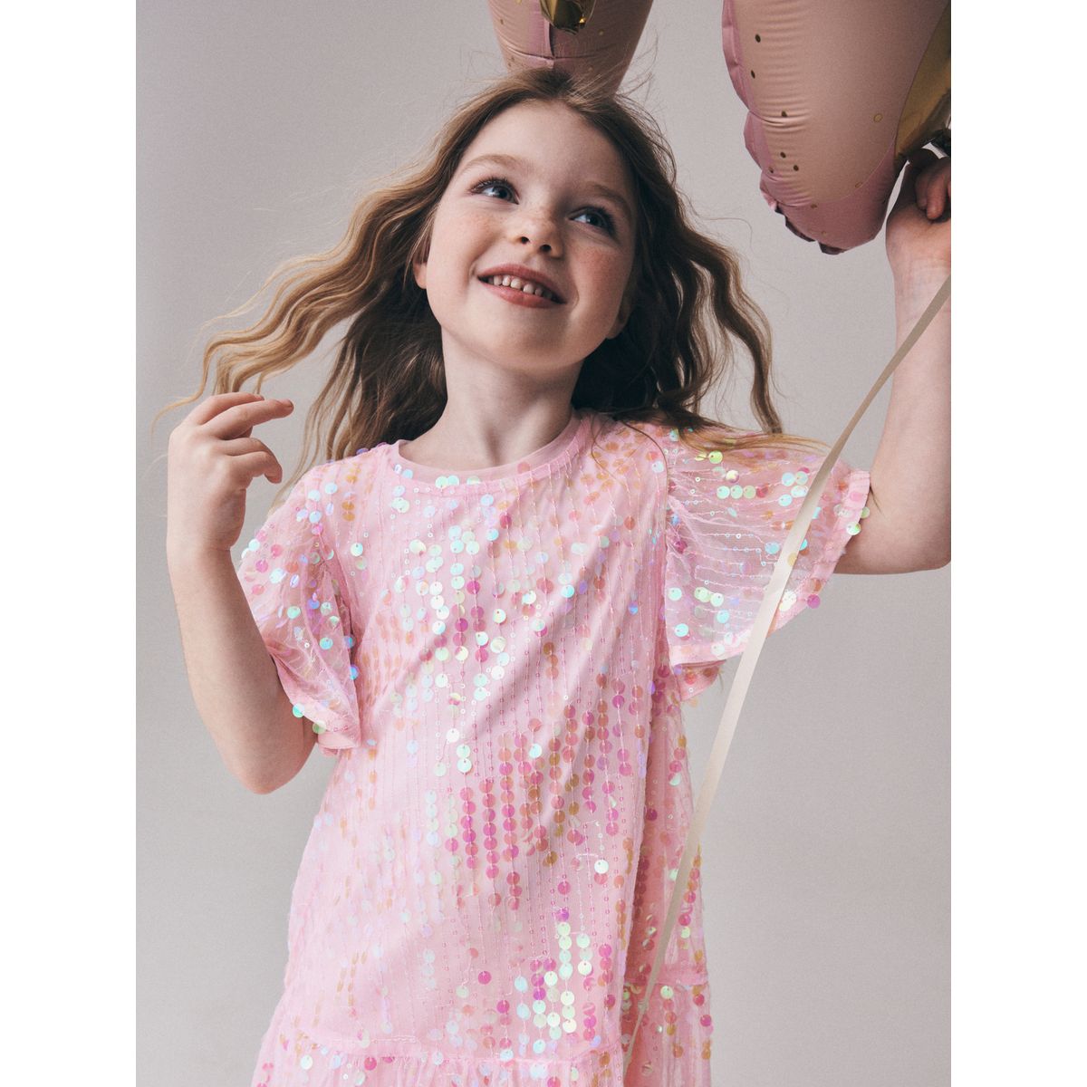Robe de soirée à sequins/basque/manches ange rose, NEXT