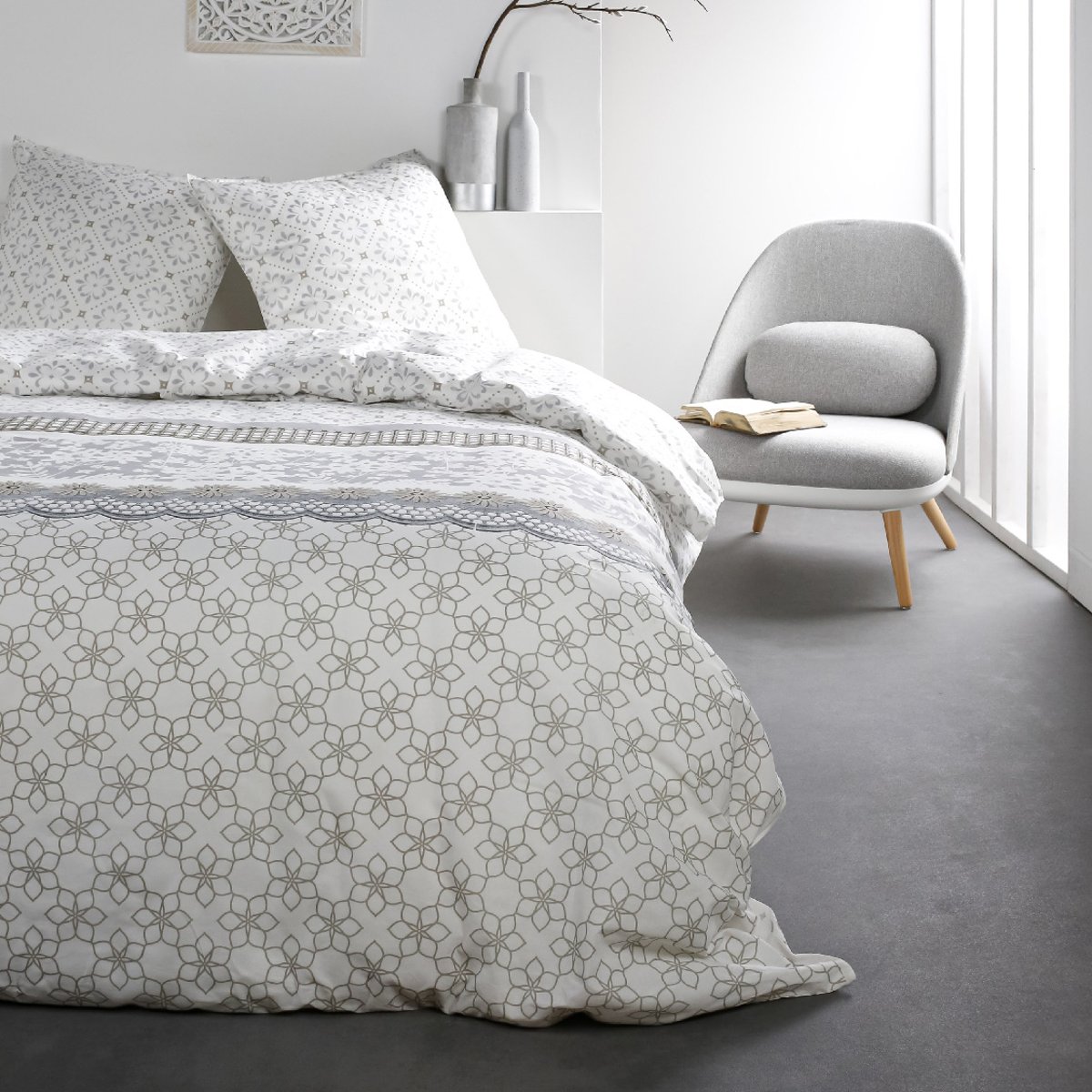 Parure de lit coton 2 personnes imprimé floral SUNSHINE blanc, TODAY