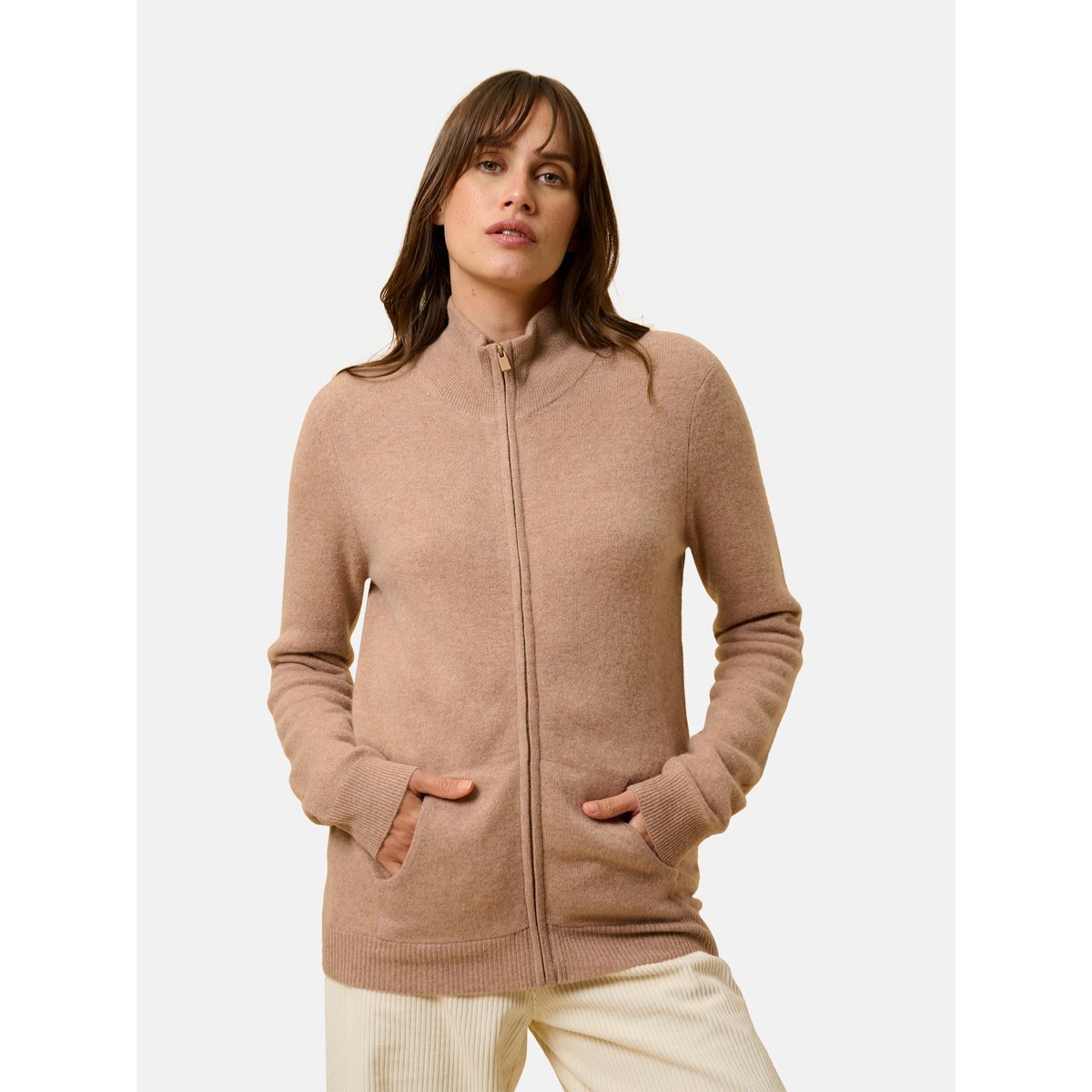 Gilet Zippé Col Montant Camel Chiné Ayr camel chiné, JUST CASHMERE