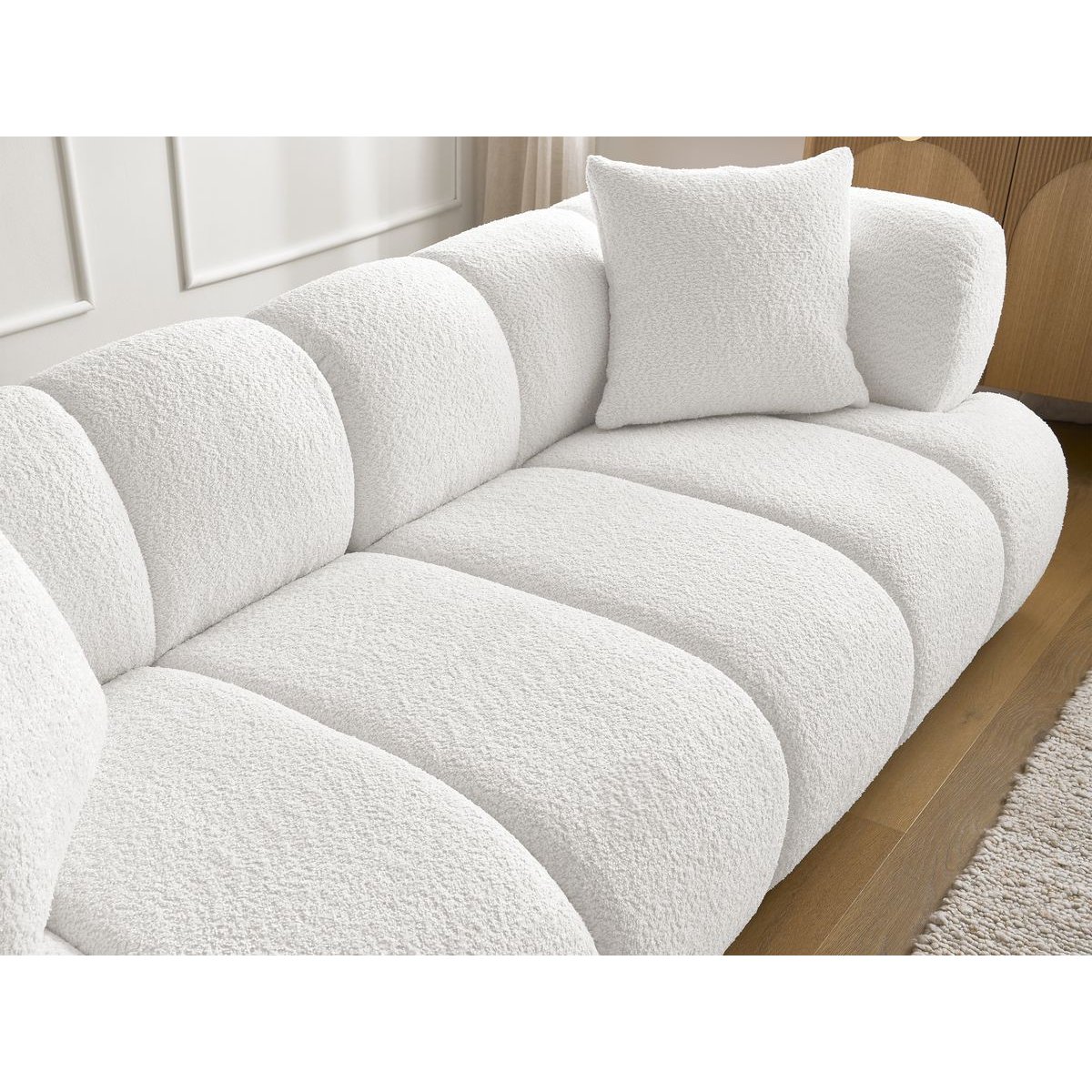Canapé droit fixe 3 places en tissu bouclette avec pouf, PAMIRA blanc, BOBOCHIC