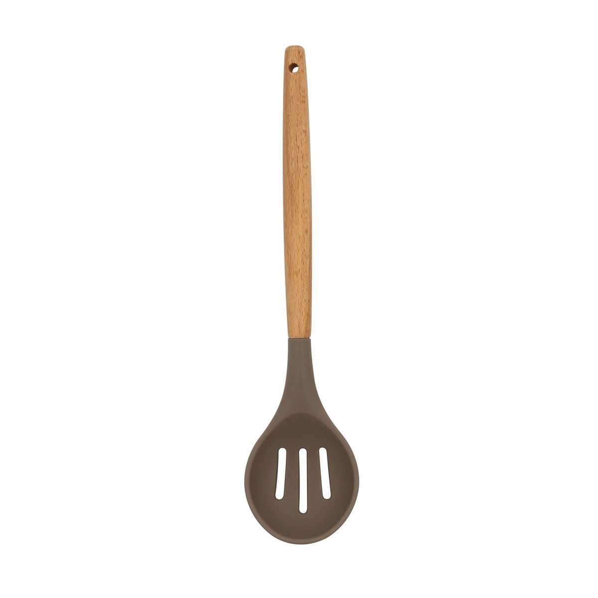 Cuillère ajourée en silicone et manche en bois, ELIOTT naturel-taupe, MENASTYL