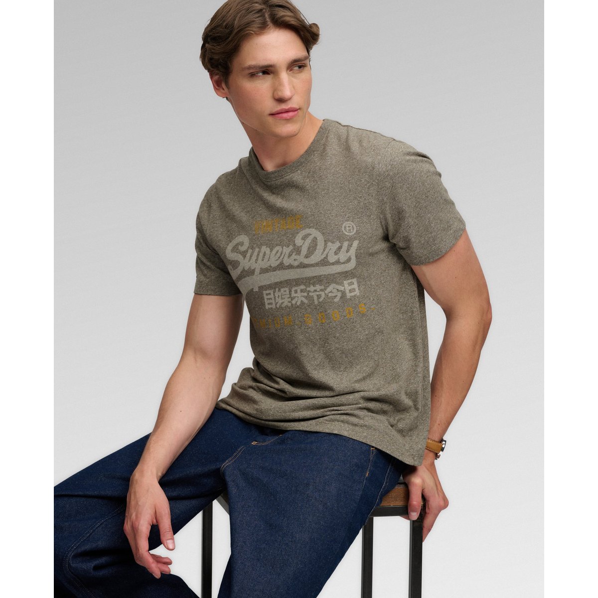 T-shirt Vintage Logo Heritage Coupe Décontractée vert olive chiné, SUPERDRY