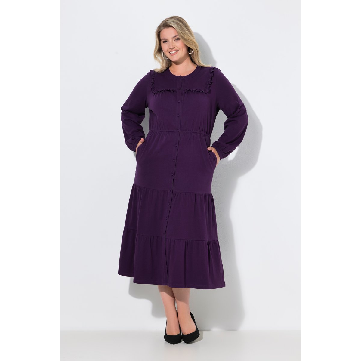 Robe maxi, décolleté rond et manches longues groseilles noires, ULLA POPKEN