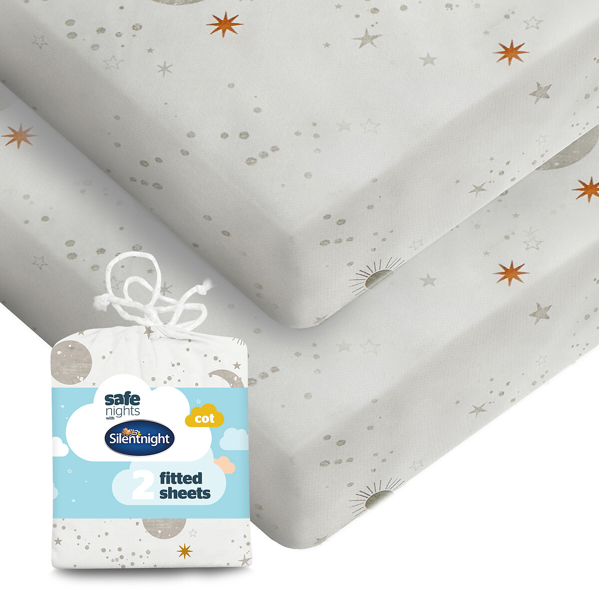 Safe Nights Celestial Moon and Stars Cot Fitted Sheet 2 Pack natural, SILENTNIGHT