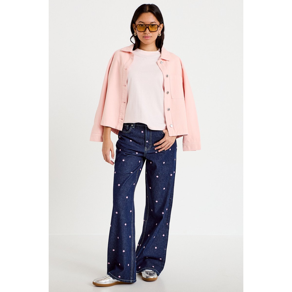 Jean wide leg taille haute brodé bleu foncé, CACHE CACHE