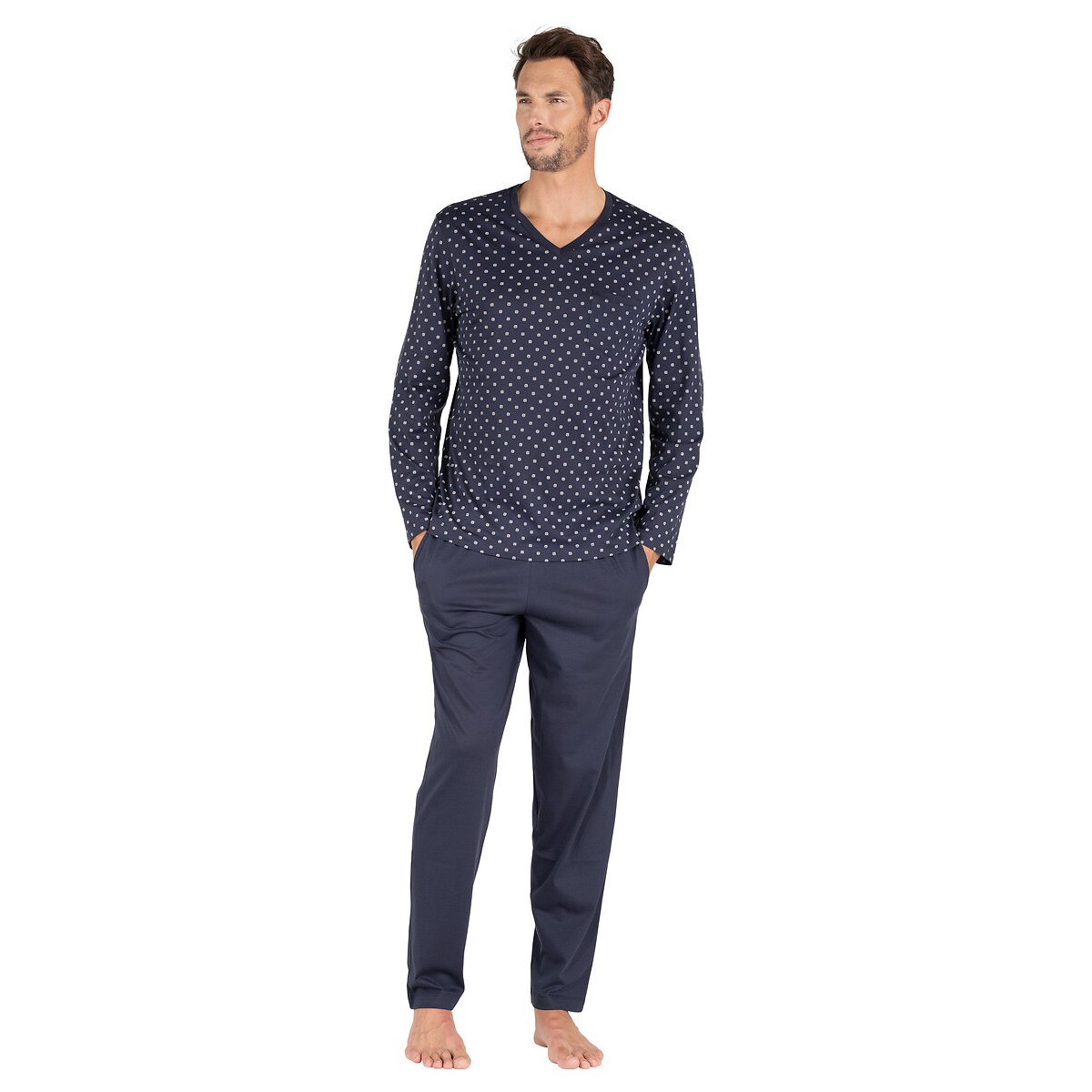 Pyjama mercerisé col V bleu marine, EMINENCE