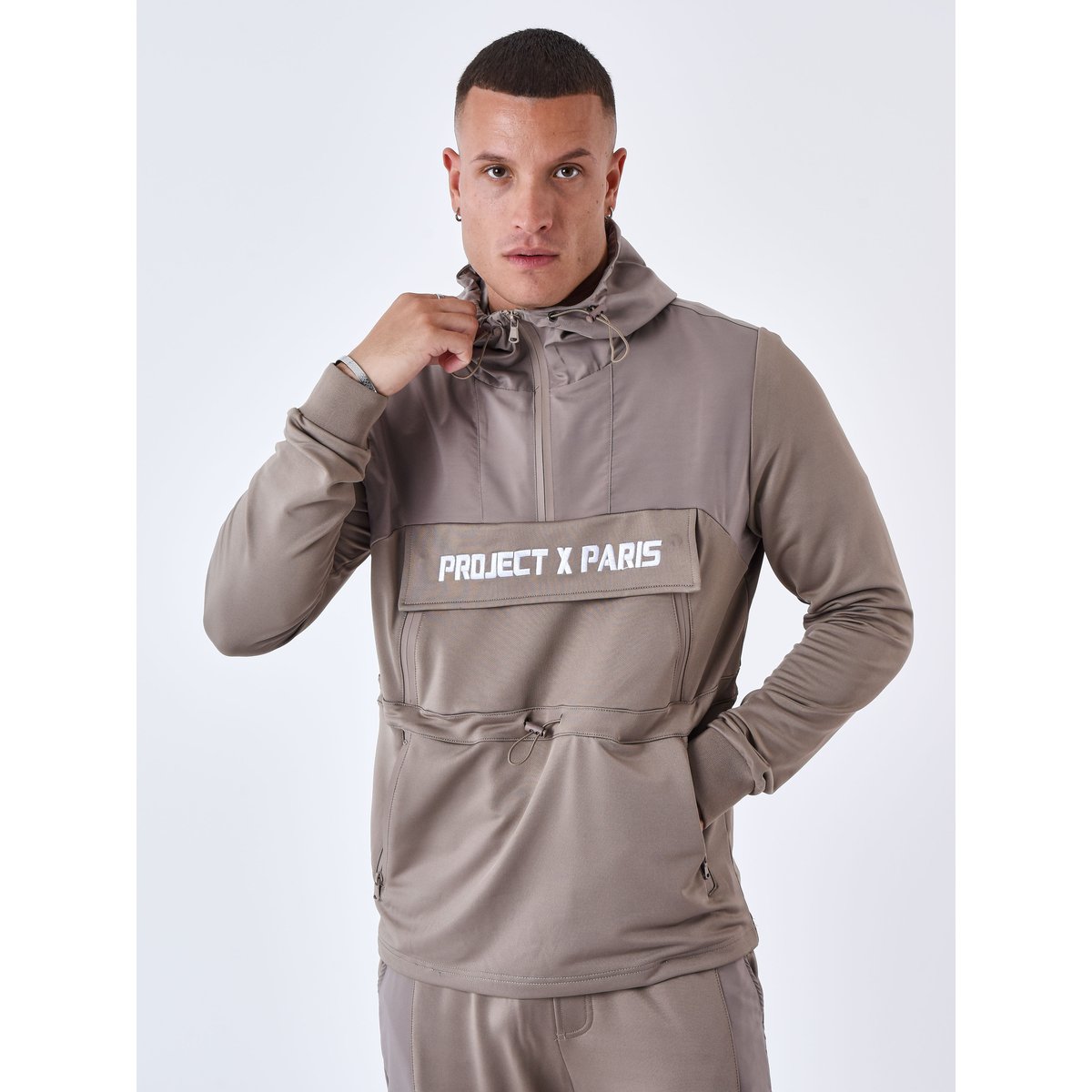 Sweat à Capuche style coupe vent taupe, PROJECT X