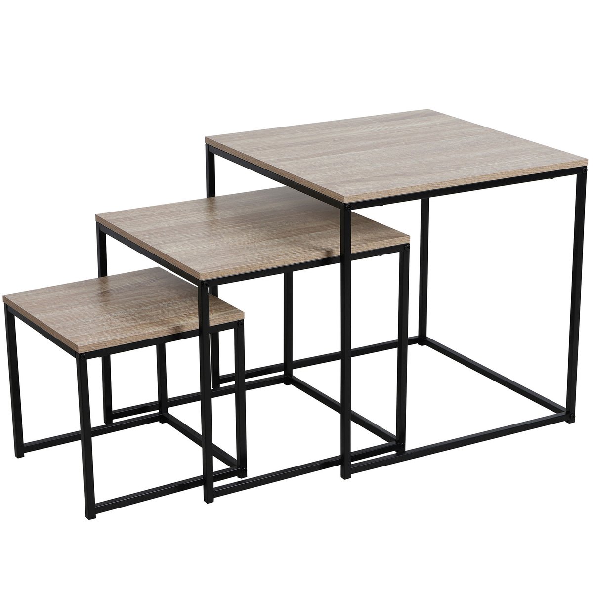 Set de 3 tables basses gigognes bois et métal noir 50x50x50cm bois, WADIGA