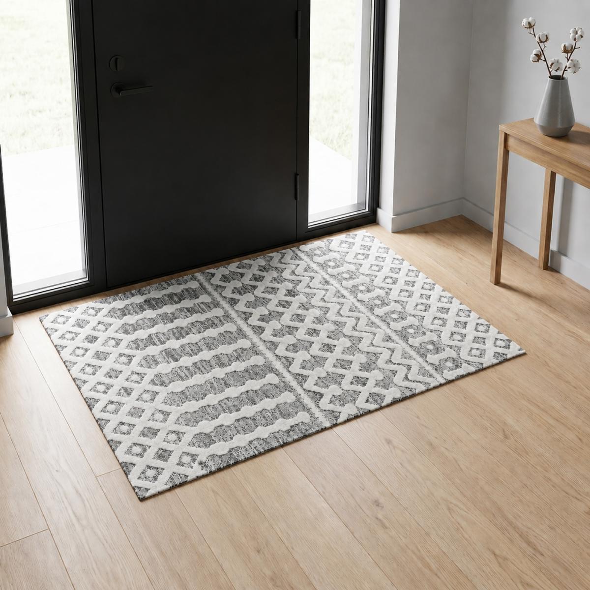 Tapis salon et chambre tissé motif scandinave PISTIOU gris, blanc, UN AMOUR DE TAPIS