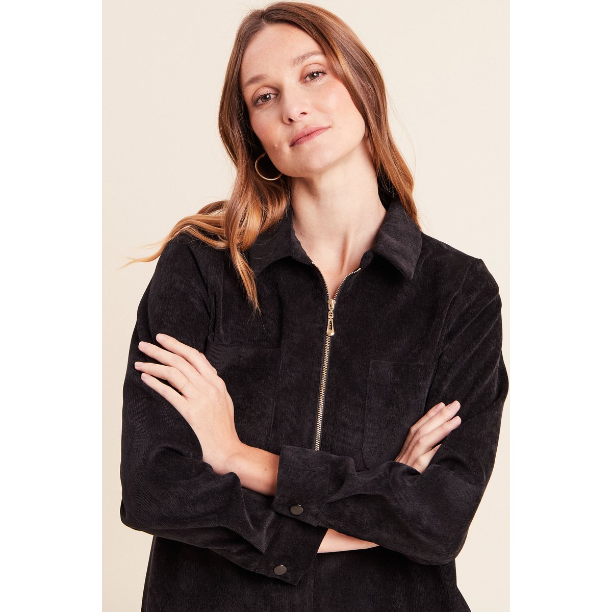 Robe droite courte velours col chemise noir, BREAL
