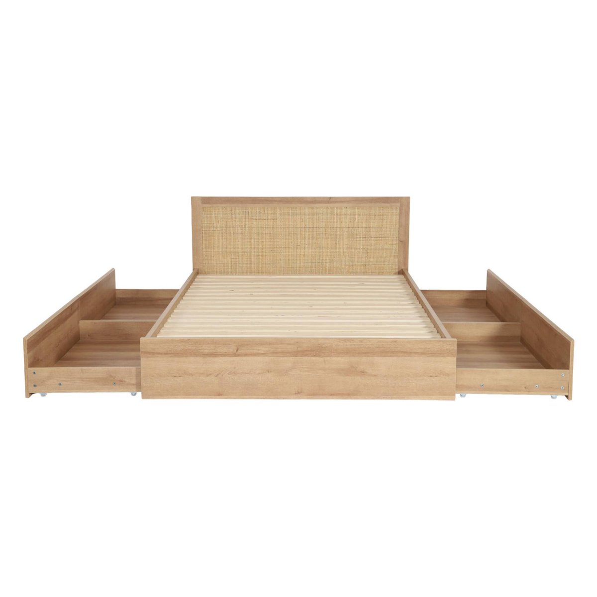 Lit bohème avec sommier à lattes et tête de lit 140 x 190cm + 4 tiroirs décor bois et cannage BOHÈME naturel, SWEEEK
