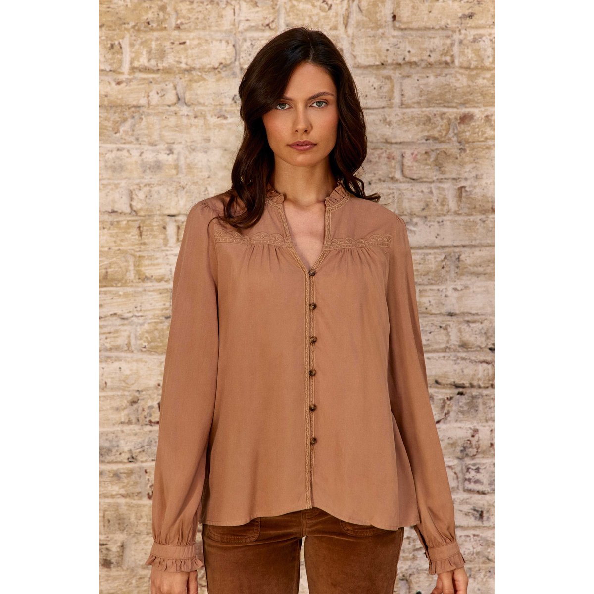 Blouse manches longues col v uni BOWEN 15-camel, LA PETITE ETOILE