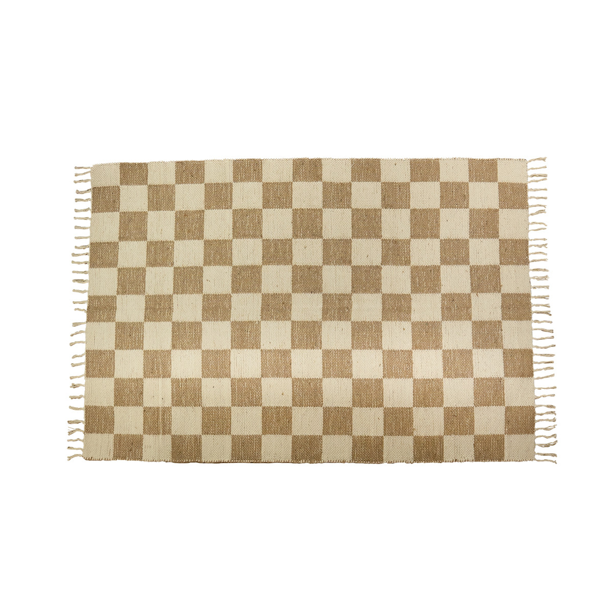 Tapis déco damier à franges en coton et jute ALIBI beige, FUTURE HOME