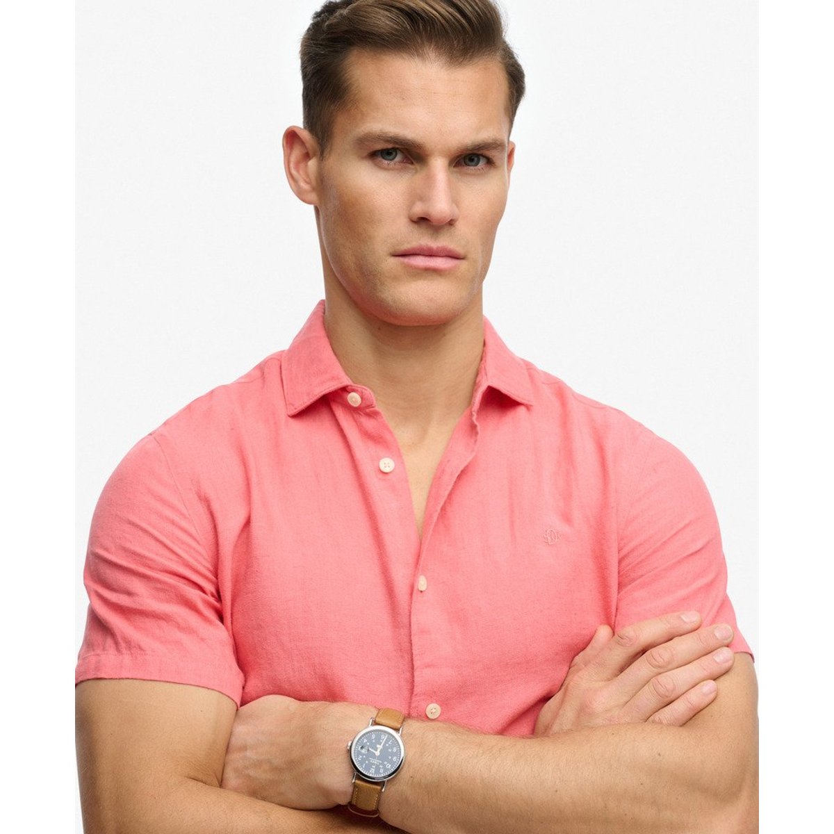 Chemise en lin à manches courtes Riviera corail, SUPERDRY